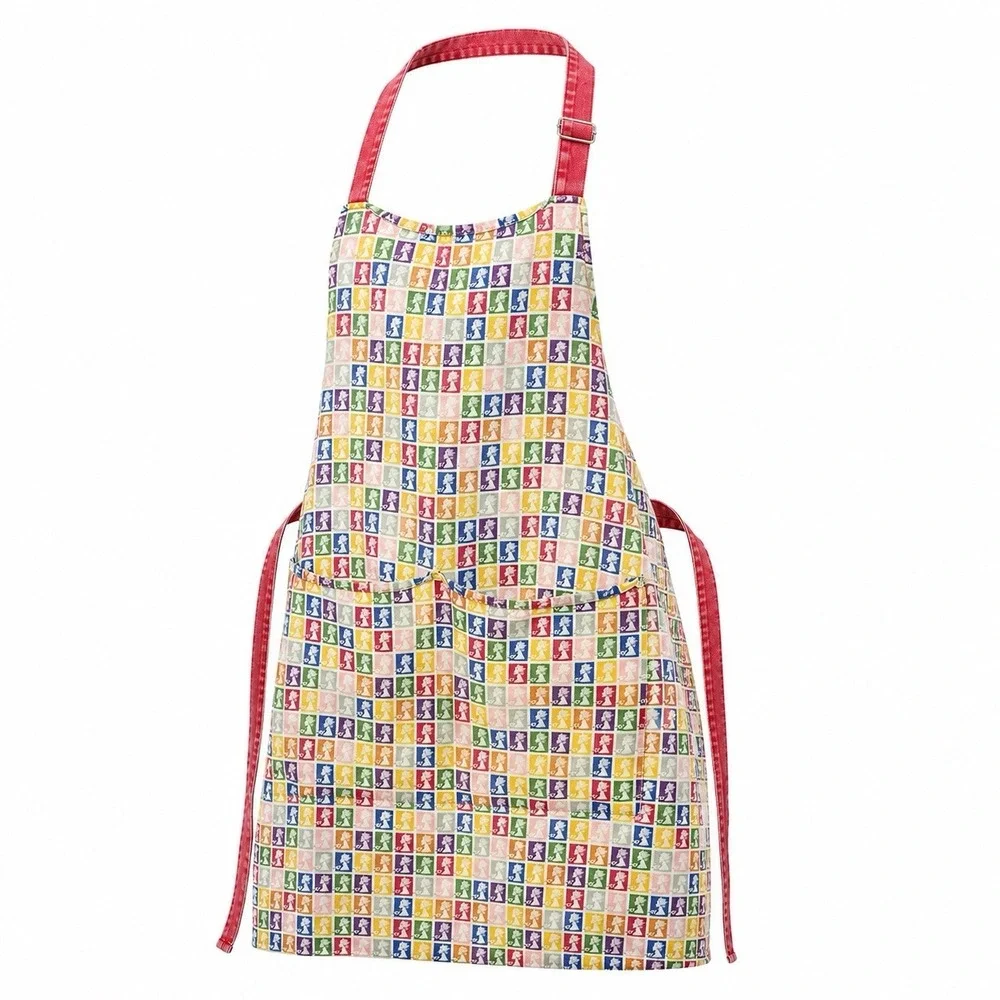 Vintage Full Apron 100% Cotton Multicolor Stamp Print Pockets Adjustable Neck